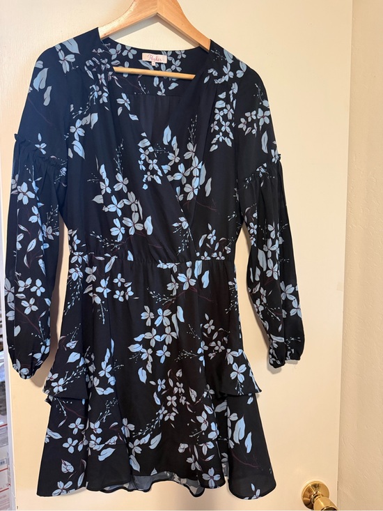 Parker Dresses & Skirts - PARKER Black Floral Ruffled Long-Sleeve Dress with Blue Blossoms